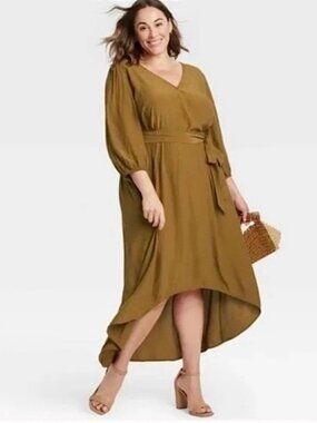 Ava & Viv Hi-Low Hem Puff Sleeve Belted Dress Mustard Brown 2X